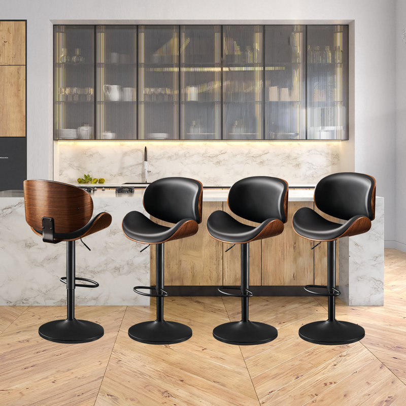 Modern Faux Leather Swivel Adjustable Height Bentwood Bar Stool, Black