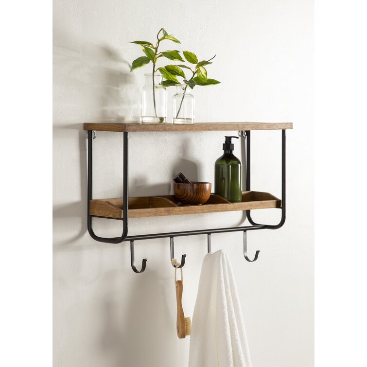 2 Piece Rubberwood Accent Shelf with Hooks