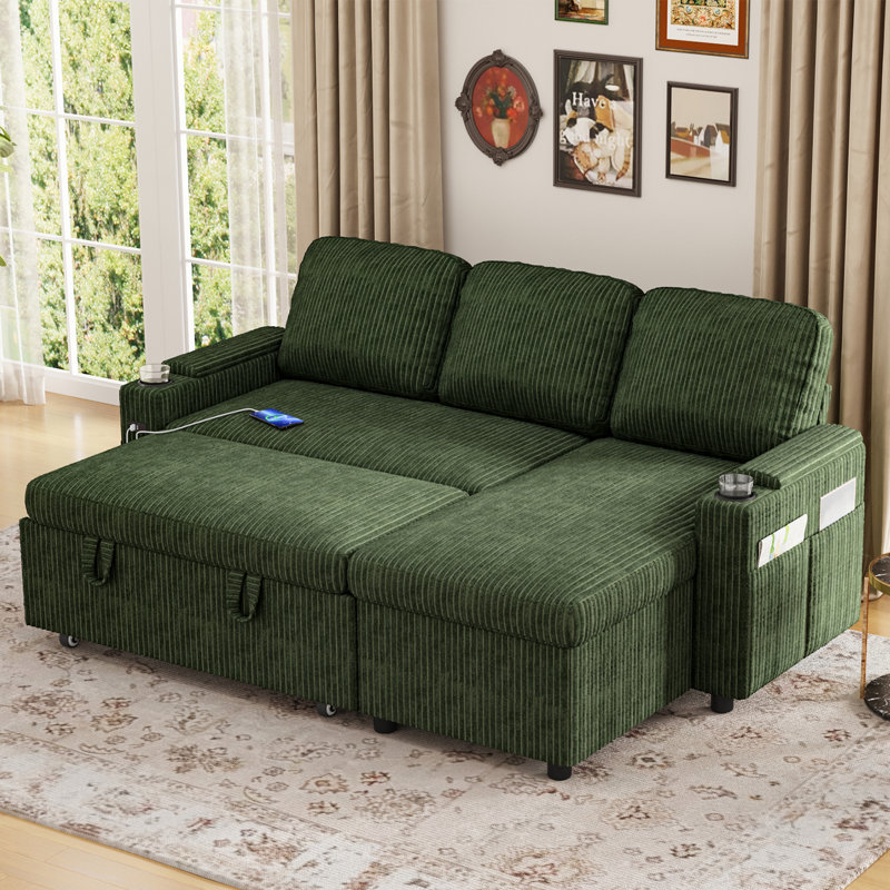 3 Seater Sofa & Chaise, Green Corduroy--