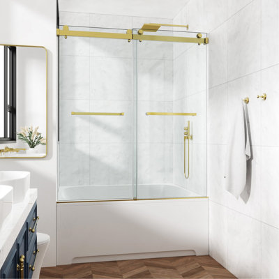 Porte de douche coulissante double sans cadre 66 po x 66 po, porte de douche double, verre trempé de 3/8 po (10 mm), acier inoxydable, or brossé