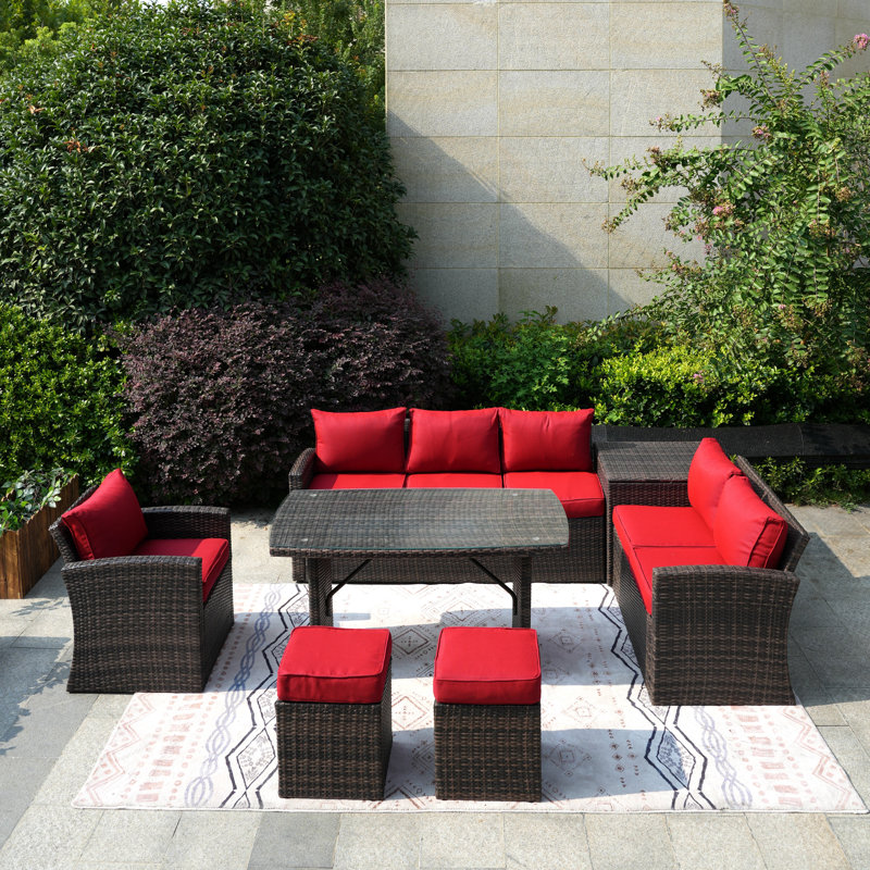Ensemble de conversation d'extérieur pour 6 personnes avec coussins, Brun, Rouge
