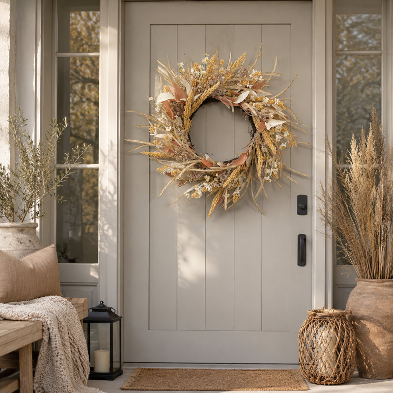 Couronne de fleurs neutre neutre pour porte d'entrée, couronne de fleurs artificielles et fleurs sauvages, décoration murale d'intérieur Boho Farmhouse