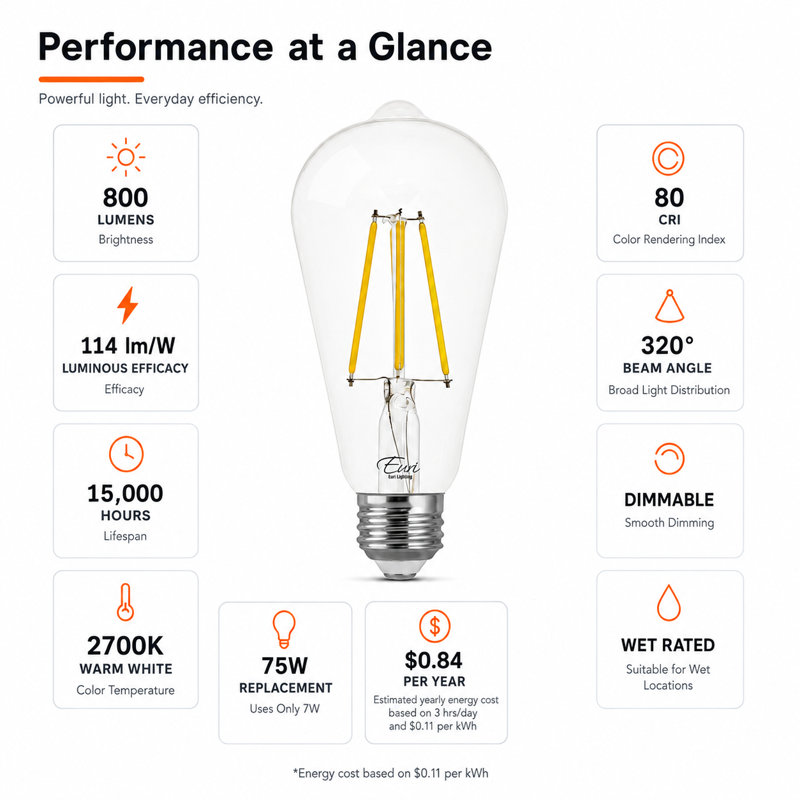 Ampoule DEL à filament Euri Lighting ST19, 7 W, 800 lm, équivalent 75 W, 2700 K, culot E26, dimmable, étanche, homologuée UL