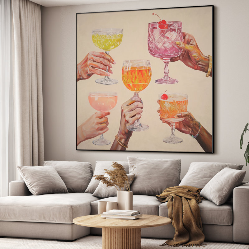 Très grande reproduction d'art sur tissu - Illustration de célébration et vœux de verres à cocktail colorés pour des intérieurs festifs et modernes, décoration pour salon ou chambre à coucher - «Assemblage requis du cadre (cadre non fini)»
