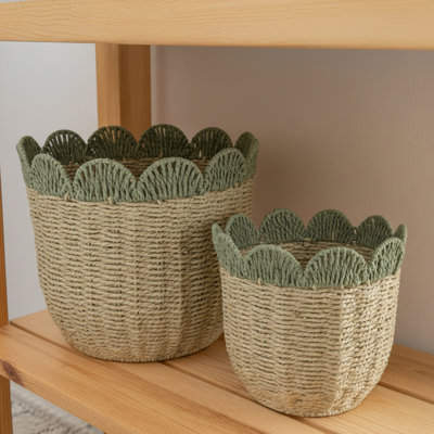 Haight 2Pc Alinea Rattan Basket W/ Scallop Edge Green/Natural