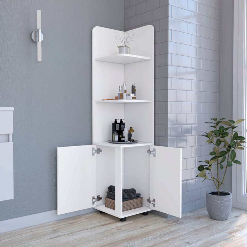 Freestanding Linen Cabinet, 2-Doors, Open Shelves -White, White