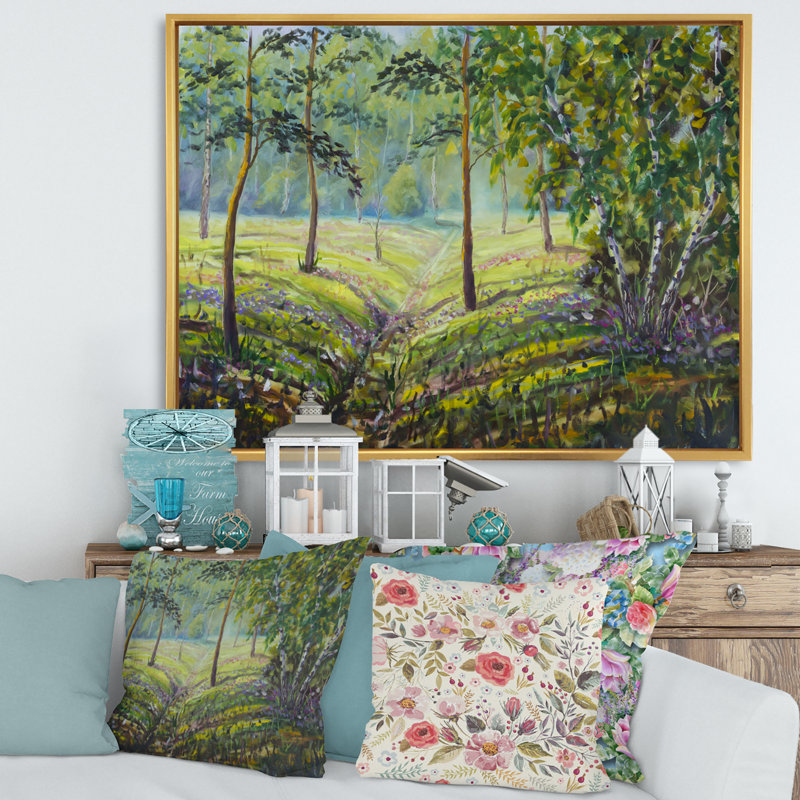 Pins et buissons dans la forêt I - peinture sur toile, H 30 po x l 40 po x 1,5 po, Cadre flottant doré