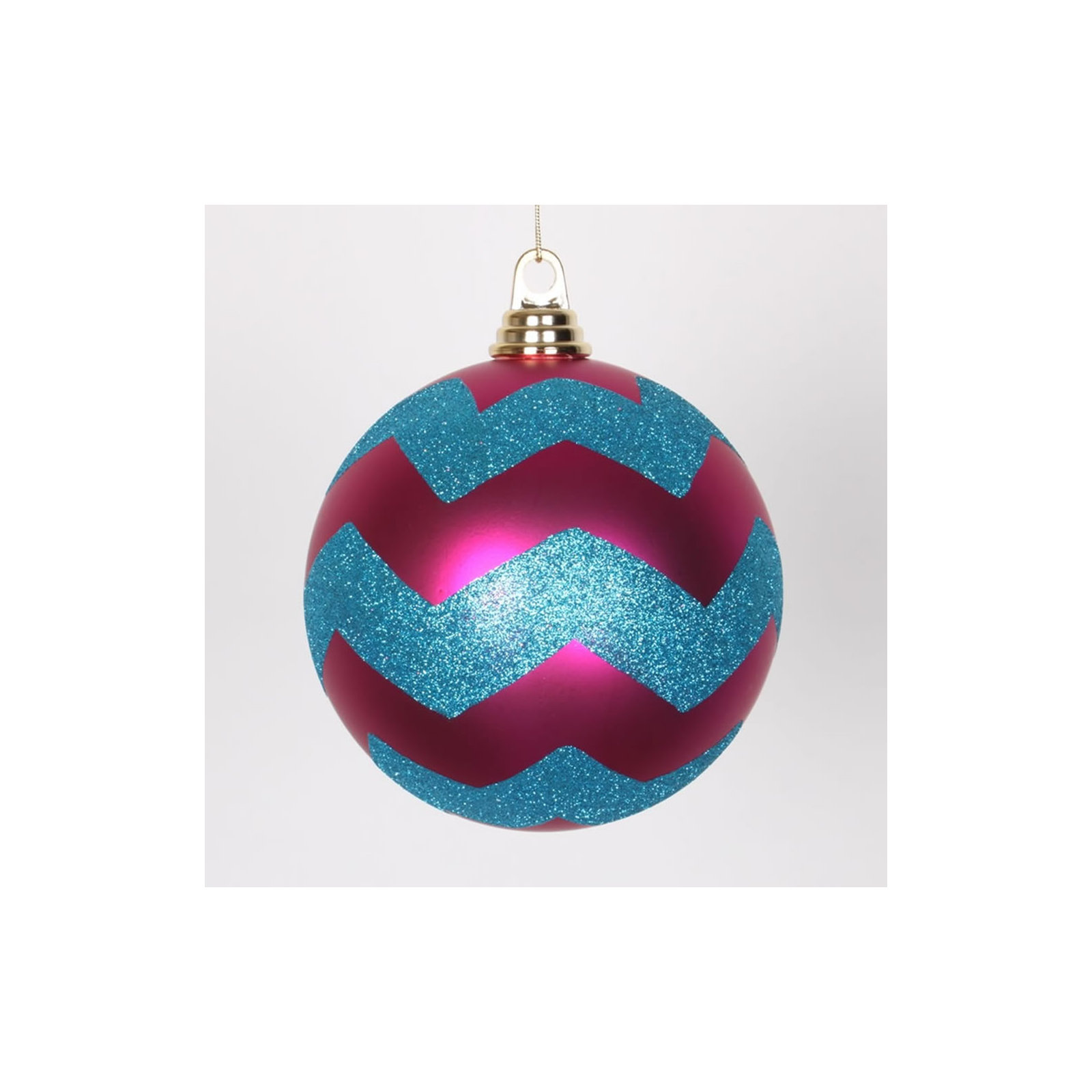 Chevron Shatterproof Christmas Ball Ornament, 6" H x 6" W x 6" D, Cerise Pink Matte/Turquoise Blue