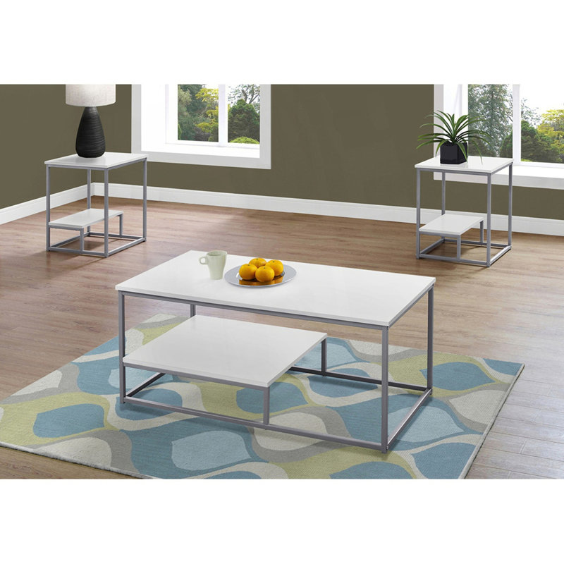 Ensemble 3 pièces, une table basse avec deux tables de bout assorties, Blanc