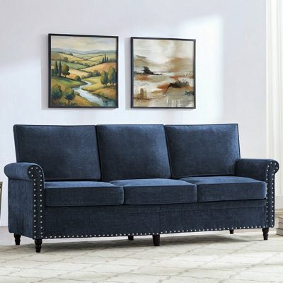 76" Mid Century Chenille 3-Seater Sofa with Gourd Shape Wood Legs, Navy Blue