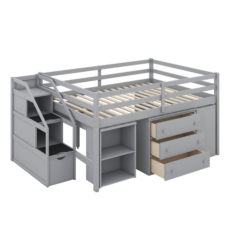 Lit mezzanine double pleine grandeur avec bureau d'écriture rétractable et 3 tiroirs, structure de lit mezzanine en bois avec escalier de rangement et tablettes