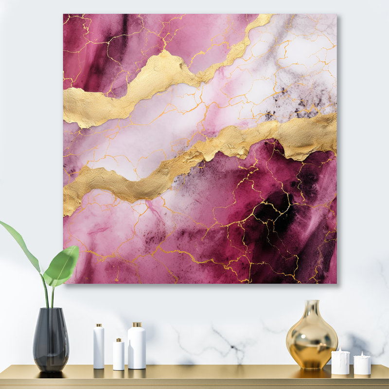 Essence de marbre rose et or I - décoration murale en marbre, H 16 po x l 16 po