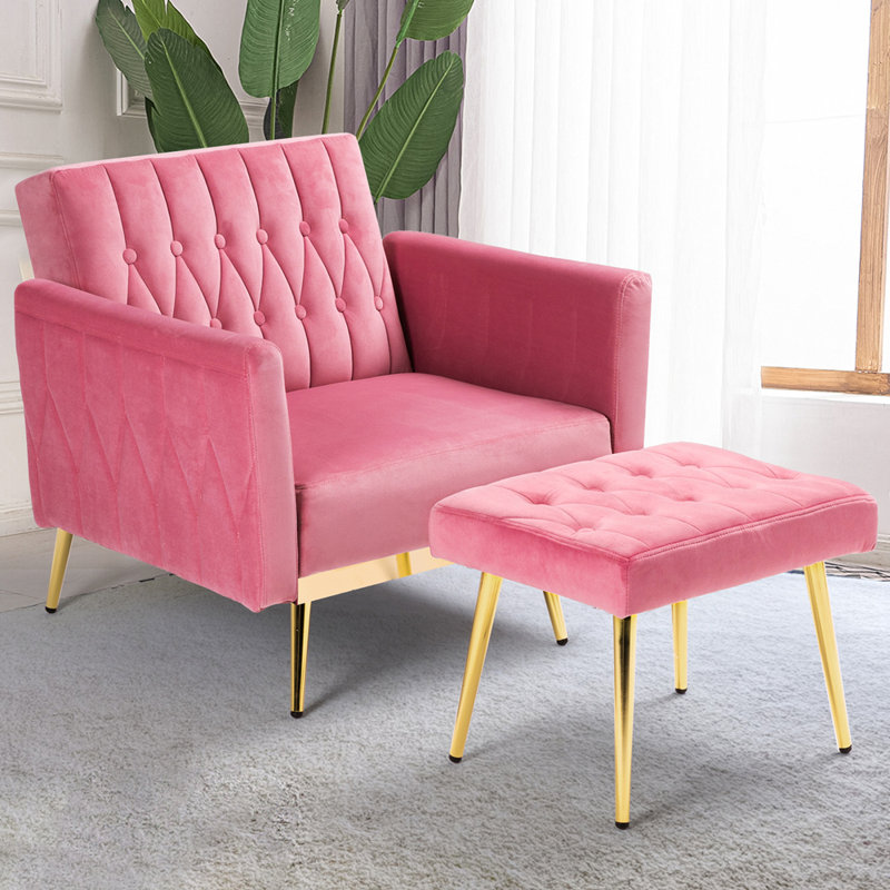 Siemon Velvet Accent Chair with Ottoman, Pink Velvet