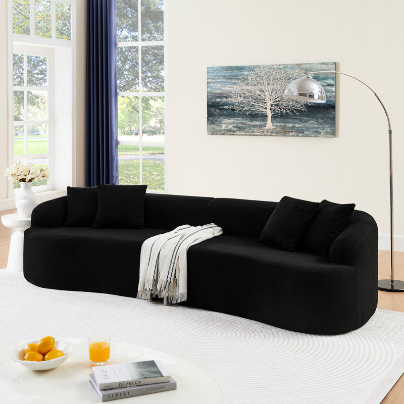 Canapé modulaire incurvé à 4 places en tissu de laine d'agneau noir, style minimaliste moderne, mousse compressée sans assemblage, haute densité pour la détente dans la chambre à coucher