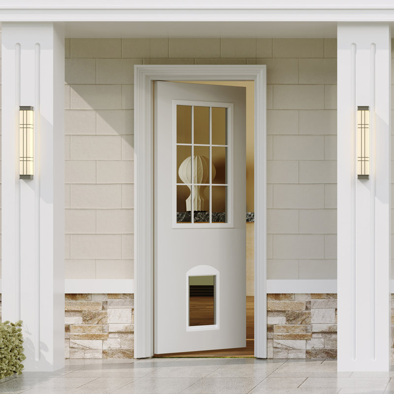 Porte d'entrée extérieure en bois massif blanc calme avec porte transparente pour chien en verre transparent 9-Lite et cadre magnétique ajustable, options gauche / droite