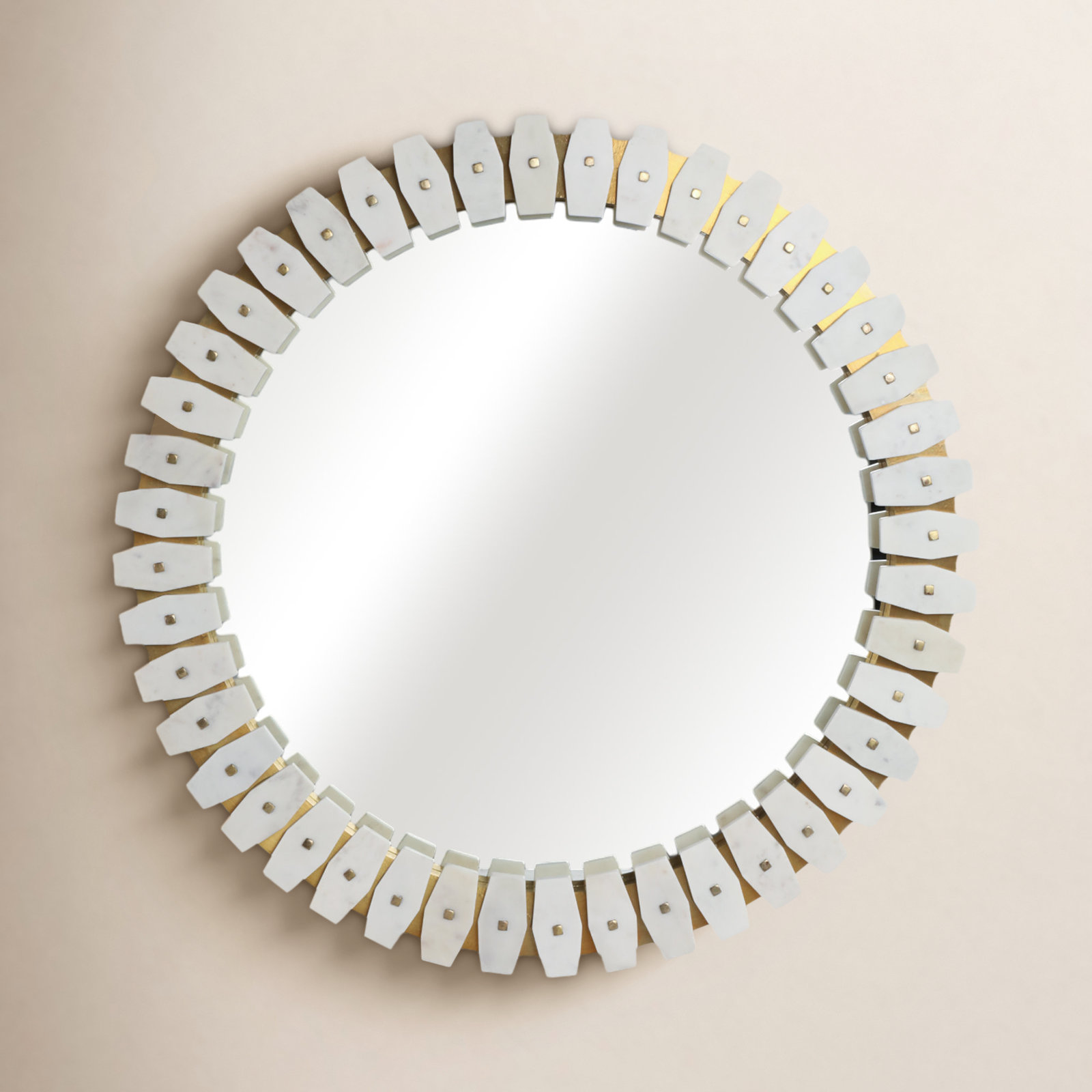 Quinnel Stone Glass Marble Round Wall Mirror with Decorative Framed Accents and Modern Design, White