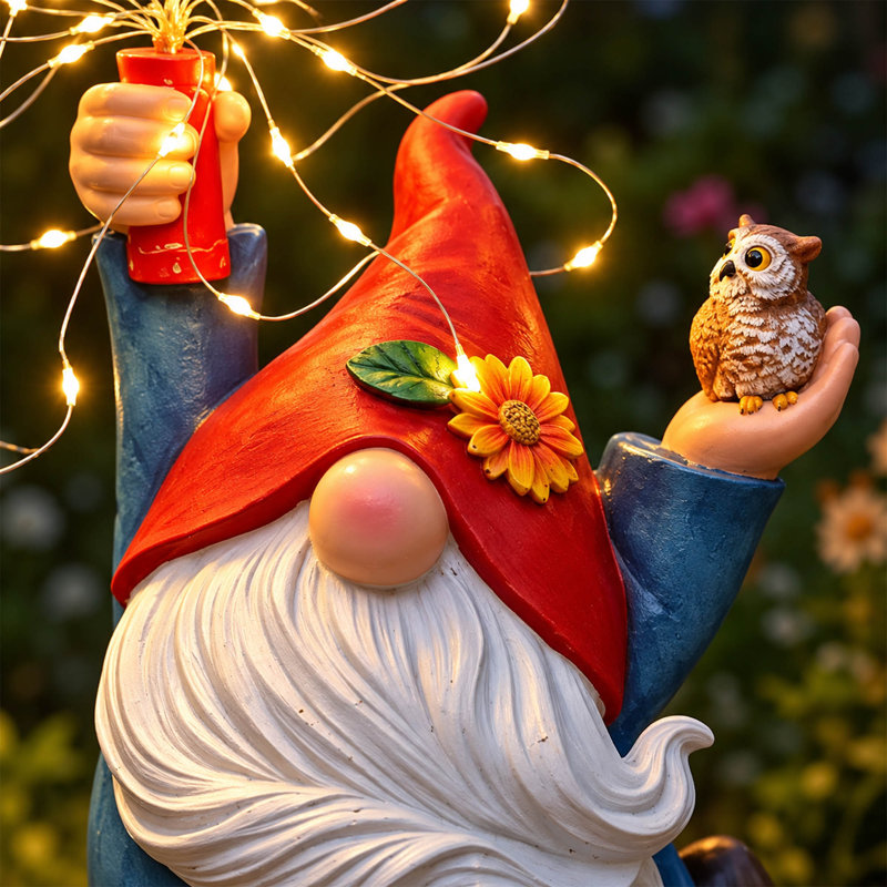 Solar Garden Gnome Statue with Owl and Firework LED Lights