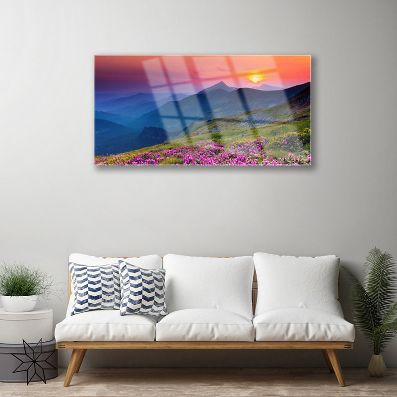Landscape Mountains Meadow Flowers - No Frame Print on Glass