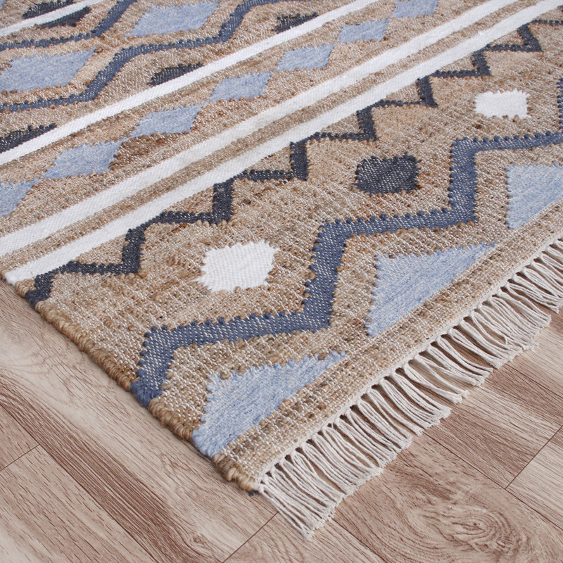 Tapis brun / bleu en jute / coton tissé à plat à la main Koschig, Rectangle 7 pi 9 po x 9 pi 9 po