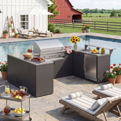 Outdoor Metal Kitchen Cabinet Set – U-Shaped, Stainless Steel 304 Top, BBQ Station
