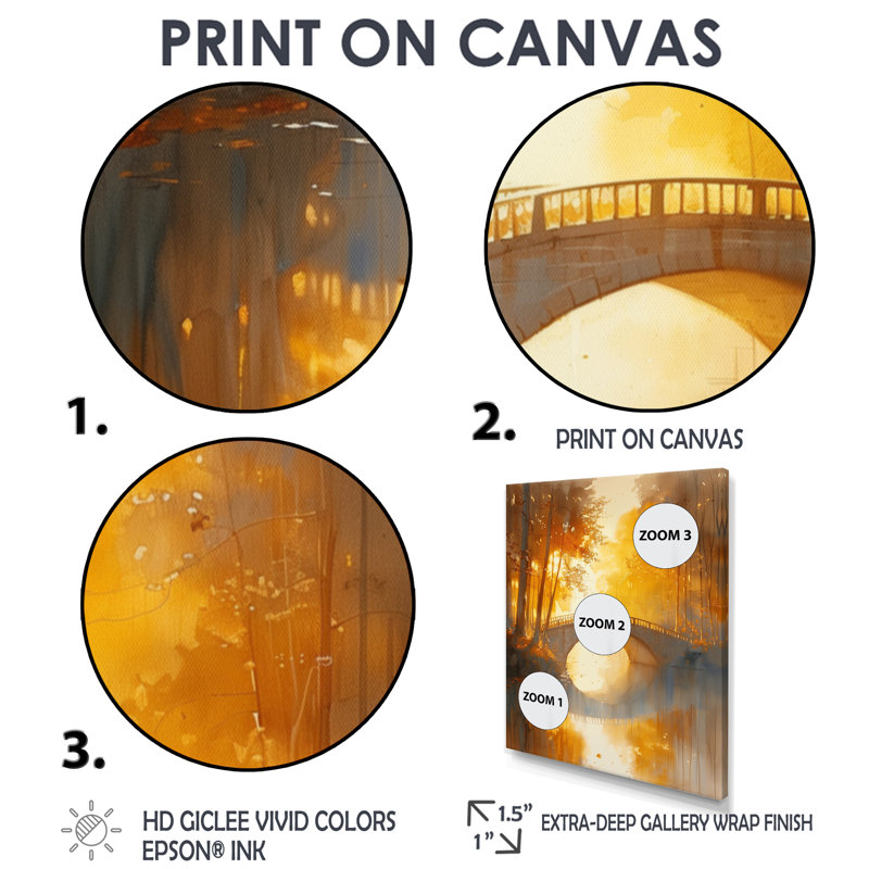 Décoration murale jaune et beige, automne, rivière de beauté I - Ponts, Cadre flottant noir, H 34 po x l 44 po