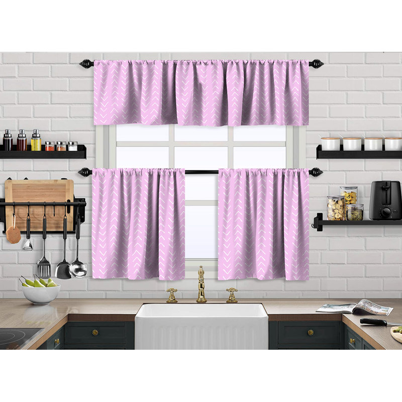 Boho Design Kitchen Valance And 2 Tiers Curtain,African Mud,Window Valance Treatments,Decorative, 24" W x 40" L, Pink