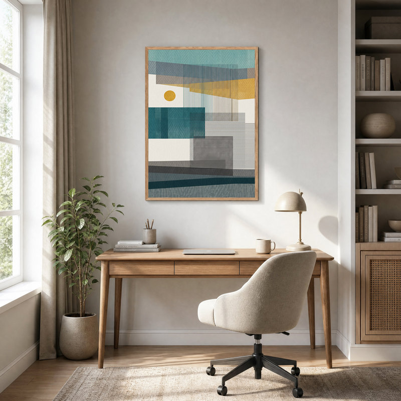 Formes géométriques abstraites sur toile turquoise et or, H 48 po x l 32 po