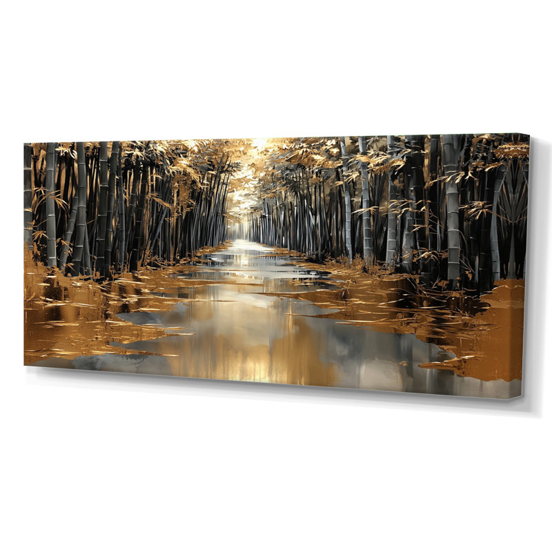 «Golden Arashiyama Bamboo River II», décoration murale en bambou, H 28 po x l 60 po, Toile tendue, Ne s’applique pas