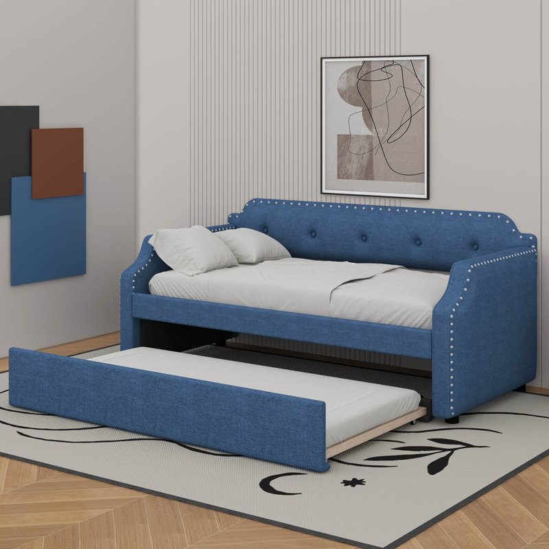 Twin Size Upholstered Daybed With Trundle, Blue