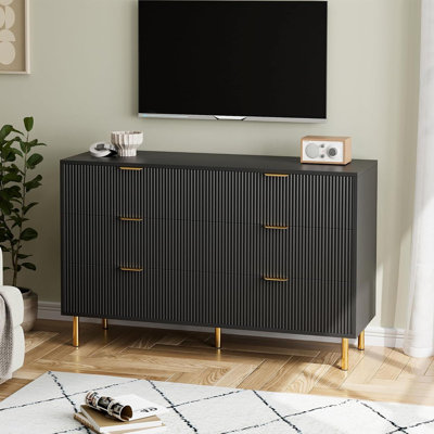 Commode 6 tiroirs pour chambre à coucher, avec poignées en métal doré