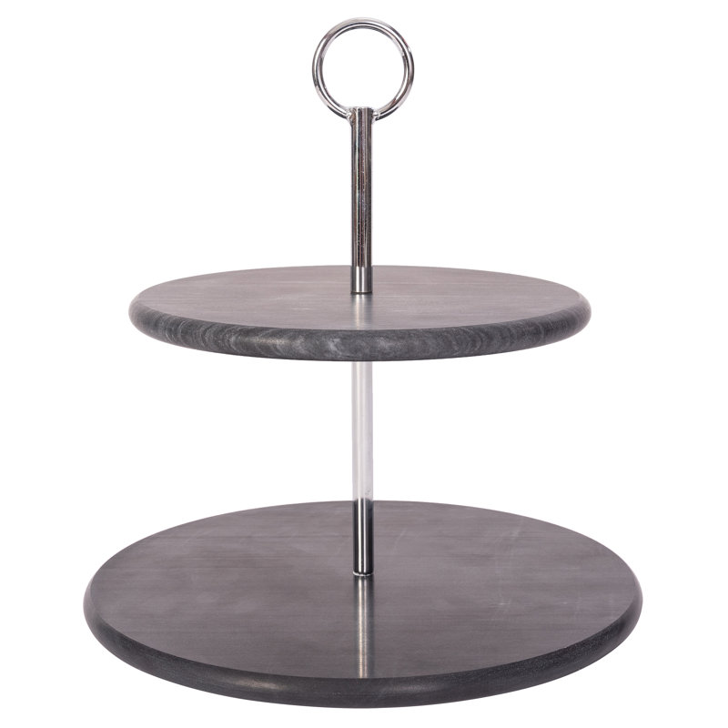 Black Matte Marble 2-Tier Round Dessert Plate with Metal Handle