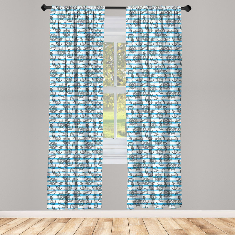 Rideaux 4 panneaux East Urban Home Maritime, ancre au volant, blanc et bleu ciel profond, L 56 po x L 84 po