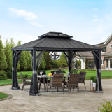 Sunjoy Hardtop Gazebo 10 x 12 ft. , Outdoor Patio Aluminum Frame Gazebo with Solar Panel, 2-Tier Steel Hardtop Backyard Gazebo with Netting and Ceiling Hook