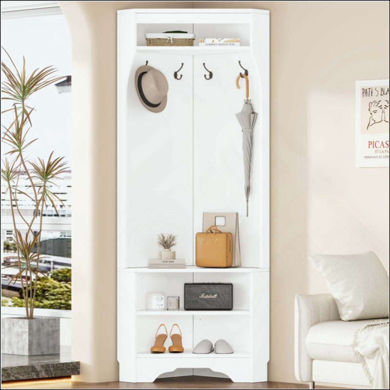Corner Hall Tree With Shoe Bench, Versatile Entryway Coat Rack With 4 Hooks, Corner Cabinet With Adjustable Shelf For Hallway, Living Room