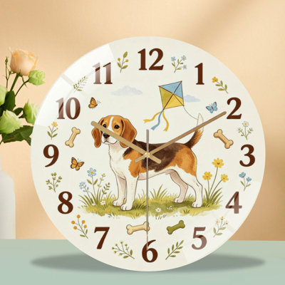 Horloge murale silencieuse en verre trempé de 30 cm, motif « Cadran Beagle Clock », sans tic-tac, fonctionne avec des piles AA (non incluses), décoration artistique pour la maison