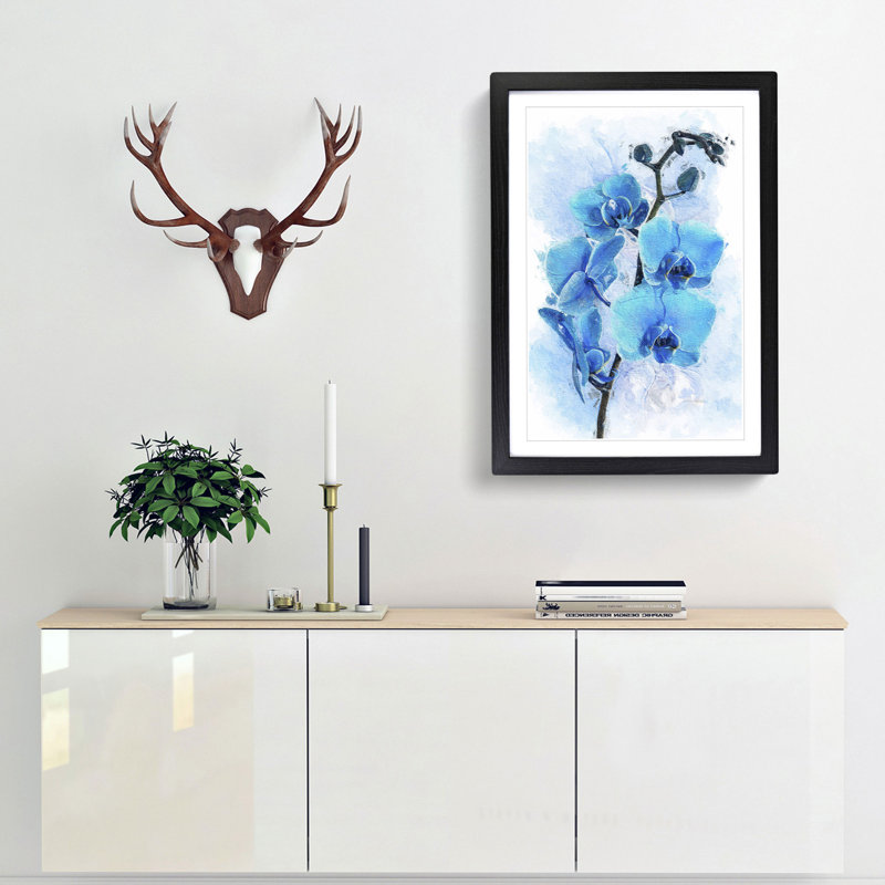 Beautiful Blue Orchids in Abstract - Picture Frame Painting Print, 48cm H x 36cm W x 2cm D, Black Framed