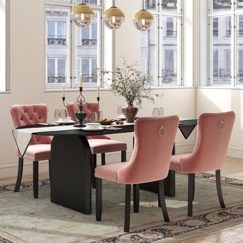 Ensemble de salle à manger Mid-Century, Noir, 5 pièces: table, 4 chaises, Rose