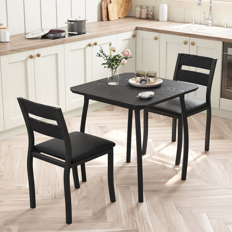 3 Piece Dining Table Set for 2, Farmhouse Kitchen Table and Upholstered Chair, Metal Frame Square Dining Room Furniture for Small Space, Apartment, Studio