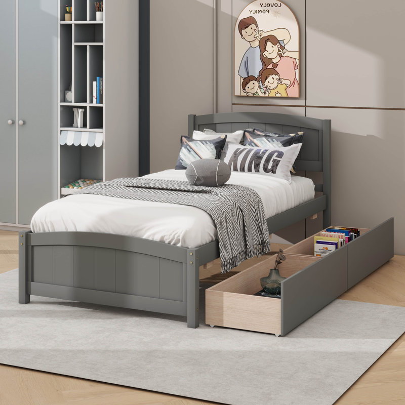 Lit plateforme simple avec deux tiroirs de rangement, Gris