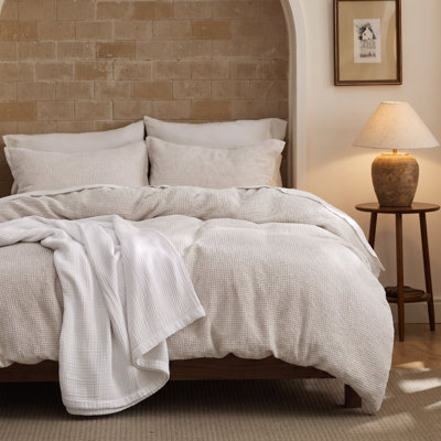  Waffle Duvet Cover - 100% Cotton Duvet Cover Linen Color, Space-Dyed For Enhanced Bedroom Aesthetics, Gentlesoft And Stylish All-Season, 3-Piece Bedding Set With Button Closure, 104"X90"