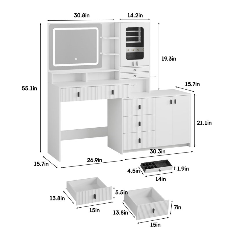 57" Large Vanity Desk With Mirror And Lights, White