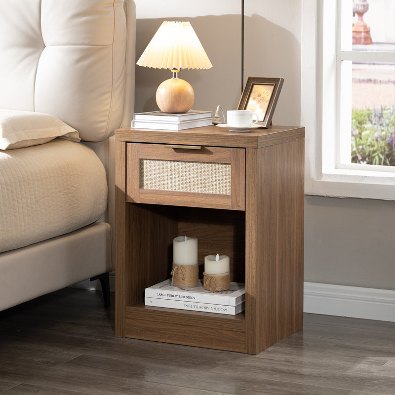 Arianna 25" H 1-Drawer Manufactured Wood Nightstand with Built-In Outlets, Natural Oak