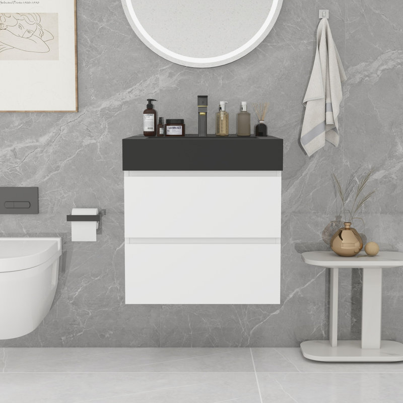 Grand meuble-lavabo mural avec rangement Modern, Blanc, Chêne