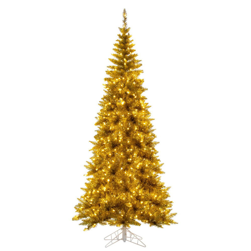 Vickerman 9' x 46" Slim Gold Tinsel Artificial Pre-lit Christmas Tree with Lights and Tree Stand, 9'