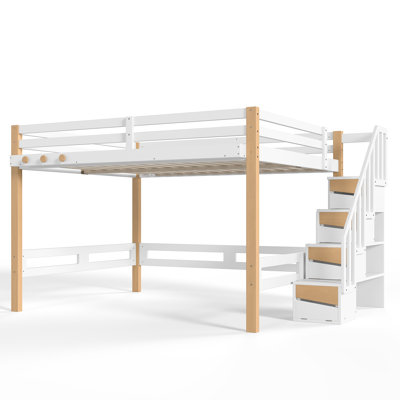 Lit mezzanine Queen, cadre de lit mezzanine en bois avec étagères de rangement, crochet pour vêtements et grand espace sous le lit, blanc et naturel