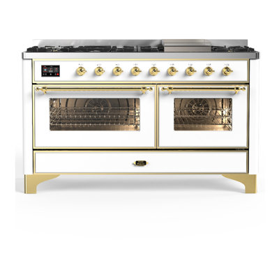 Cuisinière à double combustible 60 pouces avec 7 brûleurs scellés et plaque chauffante Majestic III Series en blanc (gaz naturel, garniture en laiton)