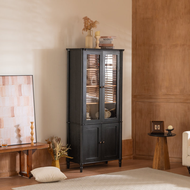  Vitrine 73,25 po avec portes en verre, armoire de rangement Mid-Century avec rangement pour bureau et salon, noir et naturel