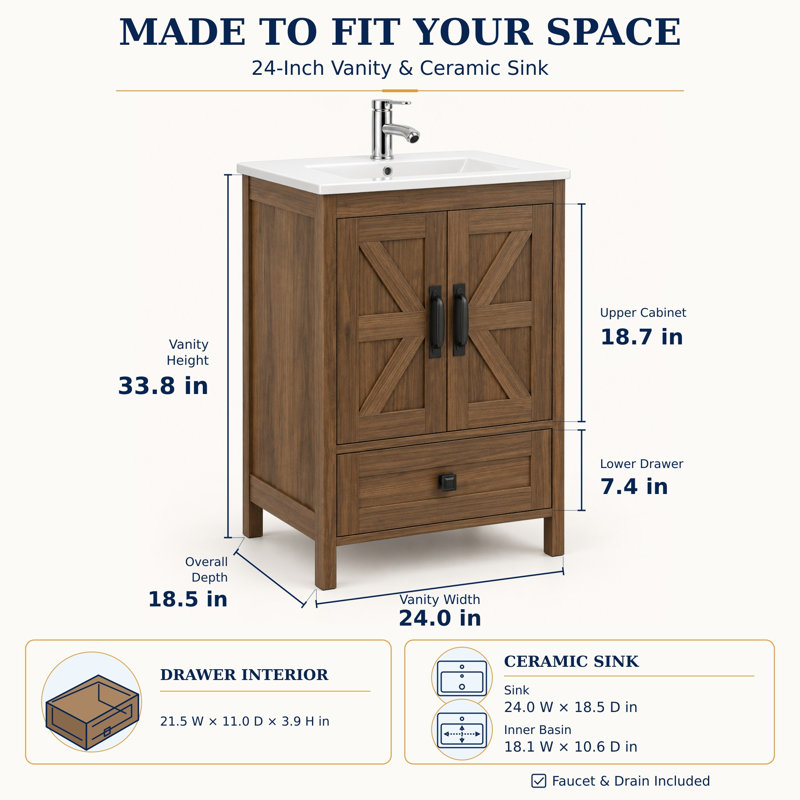 24" Bathroom Vanity Set with Drop-in Sink and Faucet, Hidden Storage Space -Brown, 24", Brown