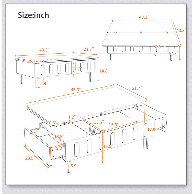 Table basse à plateau relevable avec 2 tiroirs, table basse moderne avec plateau pliable, table basse réglable multifonctionnelle avec compartiment de rangement caché pour le salon