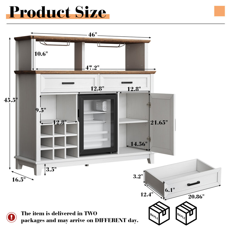 Afsaar 47" Farmhouse Coffee Bar Cabinet with 15" Refrigerator,Wine Rack,Glass Holder